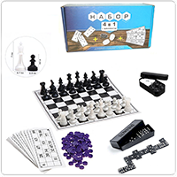 Набор 4 в 1  лото (пластик.), шашки, домино, шахматы, шахматное поле.